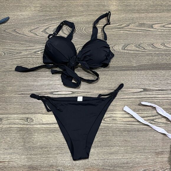 NWOT Jacques Designs Bathing Suit 2 Piece Bikini Padded Tie Bottom Black Medium - Picture 1 of 8